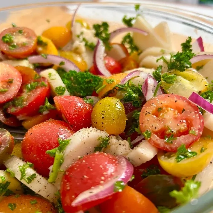 Eenvoudige salade van palmhart en tomaat
