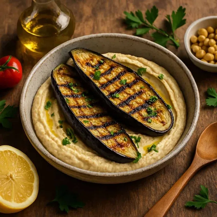 Gegrilde aubergine met hummus en een frisse salade